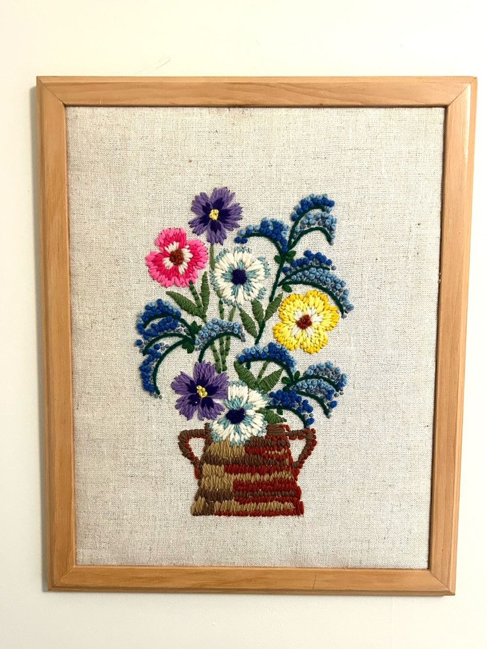 VTG Floral Crewel Embroidery Framed Wall Art Boho MCM Flower Basket